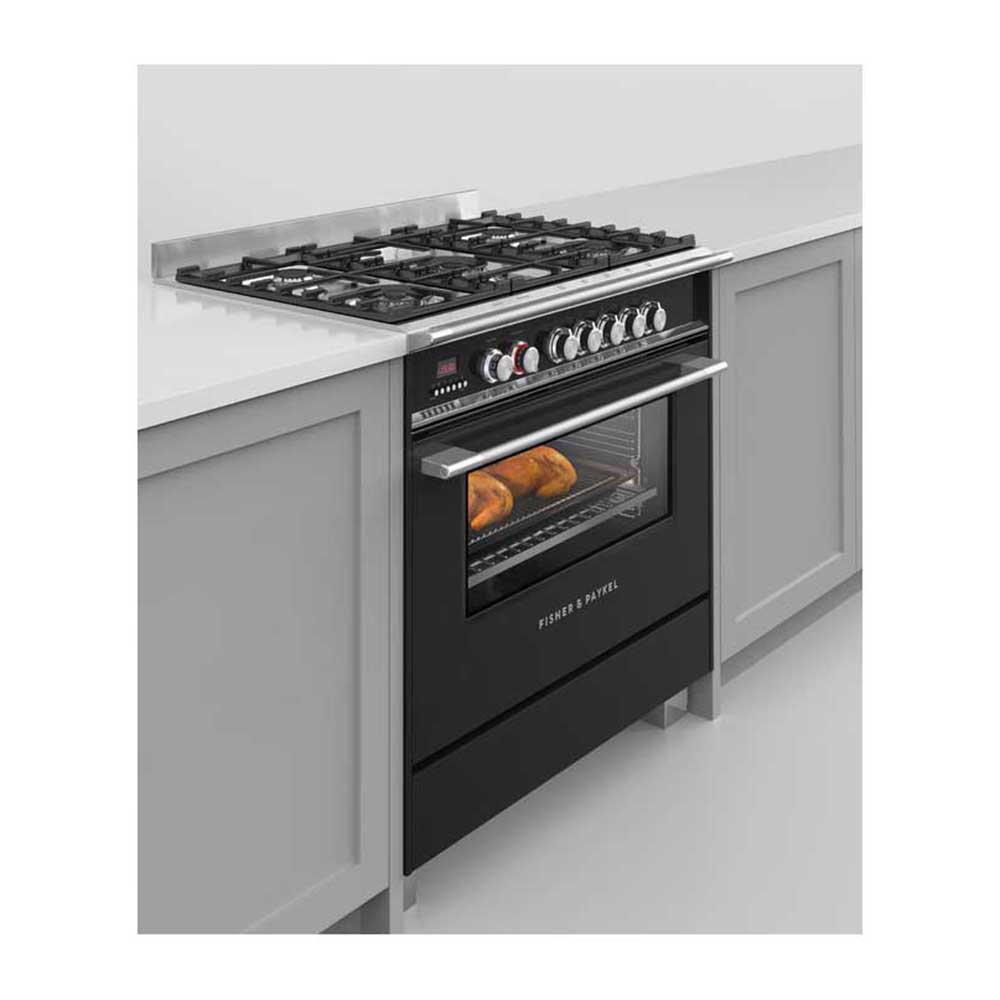 Fisher and Paykel OR90SCG4B1 90cm Dual Fuel Freestanding Cooker, Front right view with food inside oven