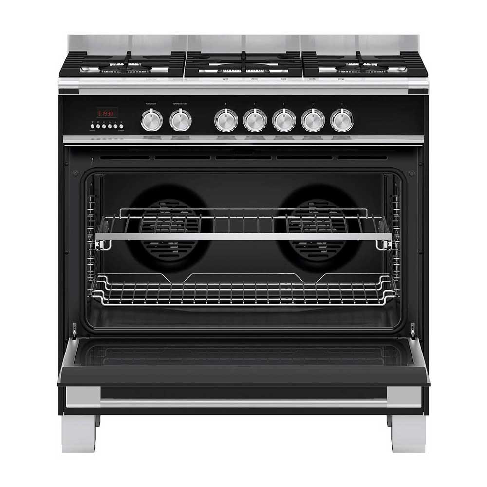 Fisher and Paykel OR90SCG4B1 90cm Dual Fuel Freestanding Cooker, Front open