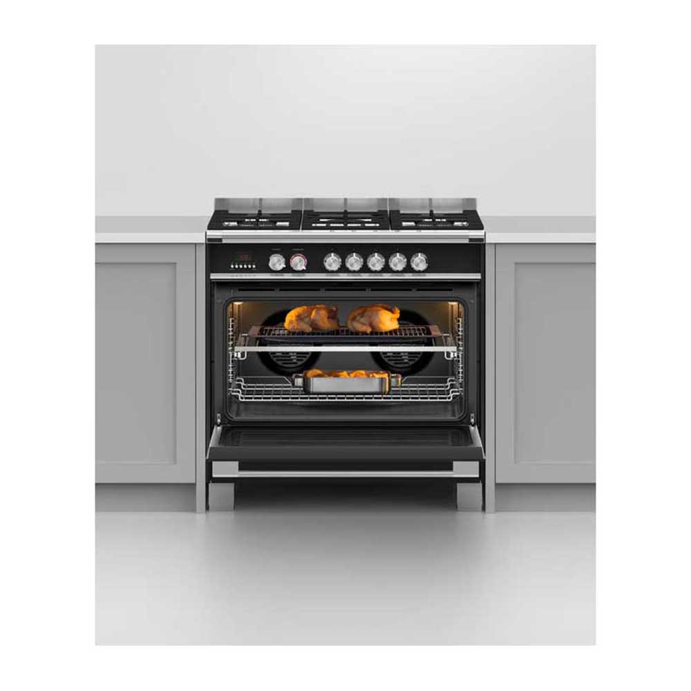 Fisher and Paykel OR90SCG4B1 90cm Dual Fuel Freestanding Cooker, Front view with food inside oven