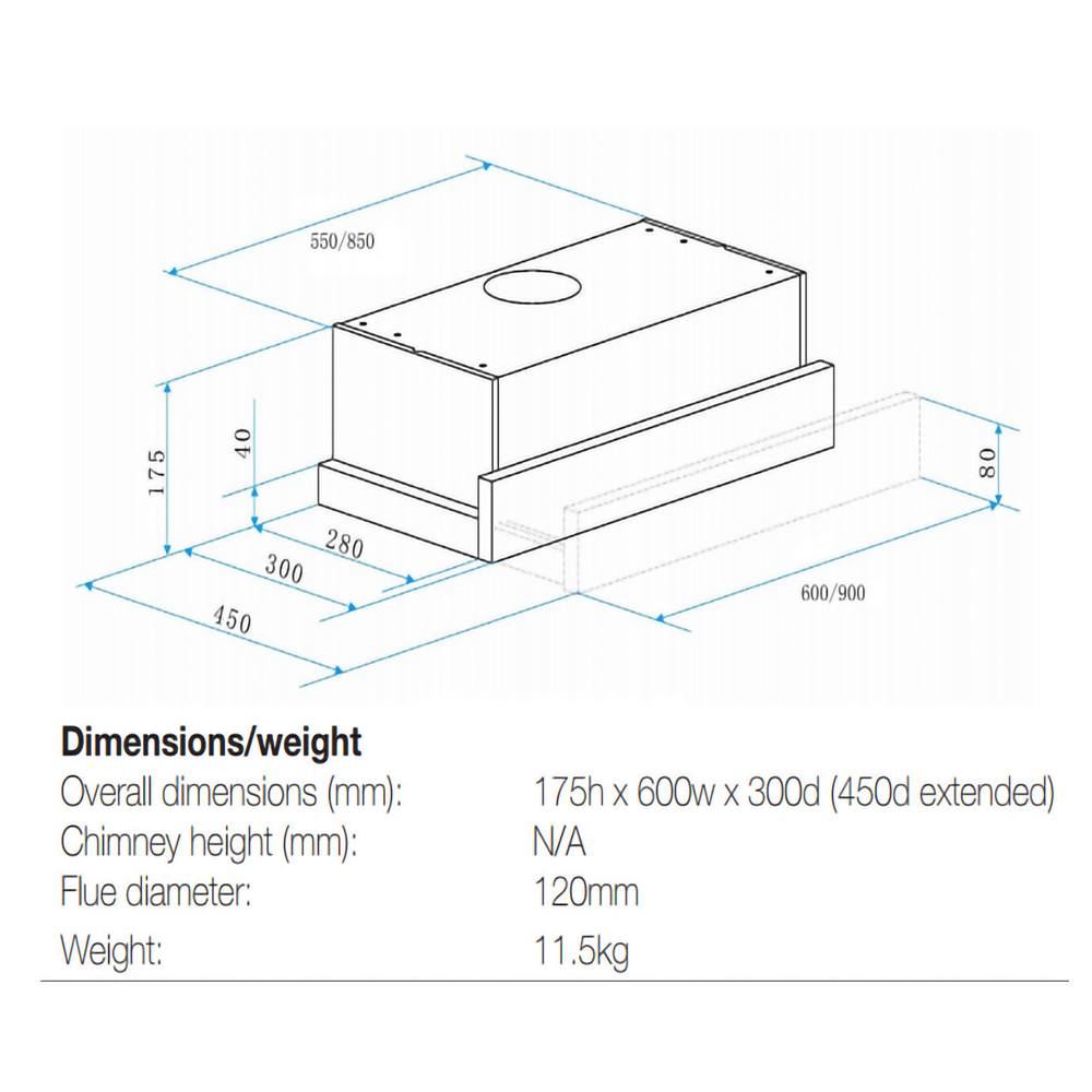 Omega 60cm Slideout Rangehood ORT6WXA, Dimensions