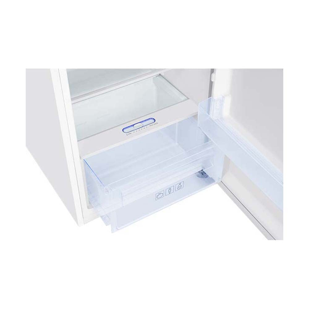 TCL P222TMW 200L Top Mount Fridge, Glass shelf and vegetable crisper drawer view