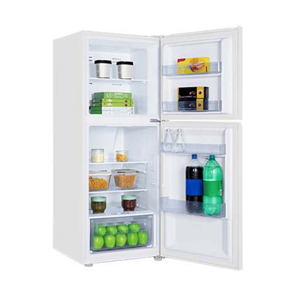 TCL P222TMW 200L Top Mount Fridge, Front right view with open doors, full of food items, and bottles