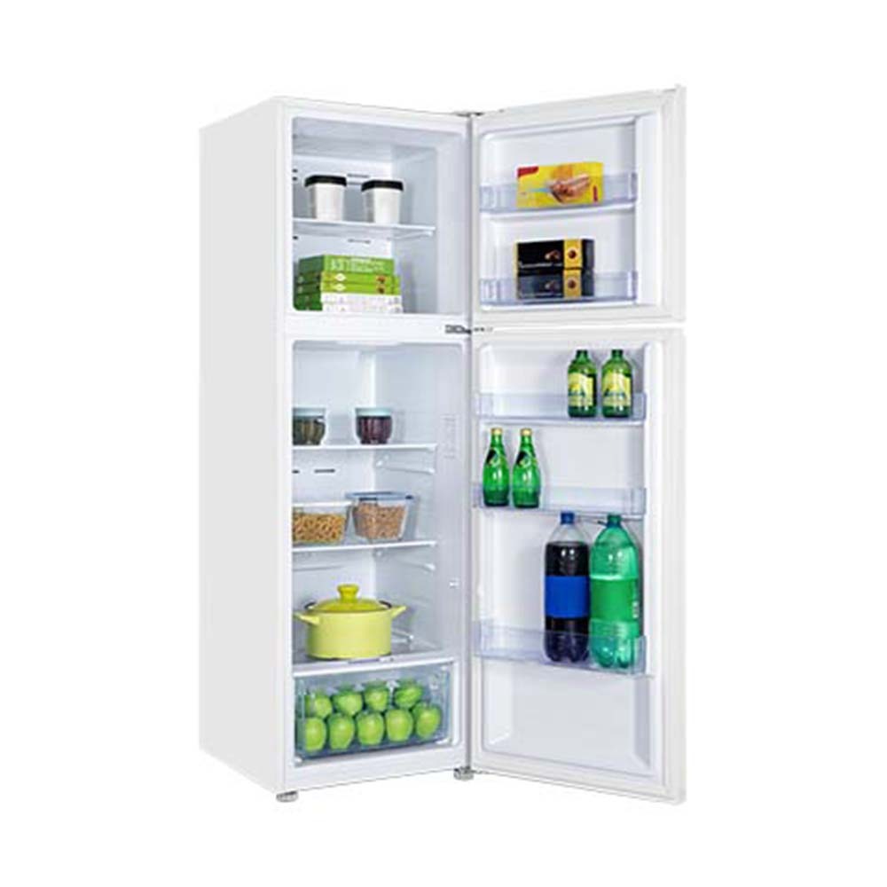 TCL 249L Top Mount Fridge White P272TMW, Front right view with doors open, full of food items, and bottles