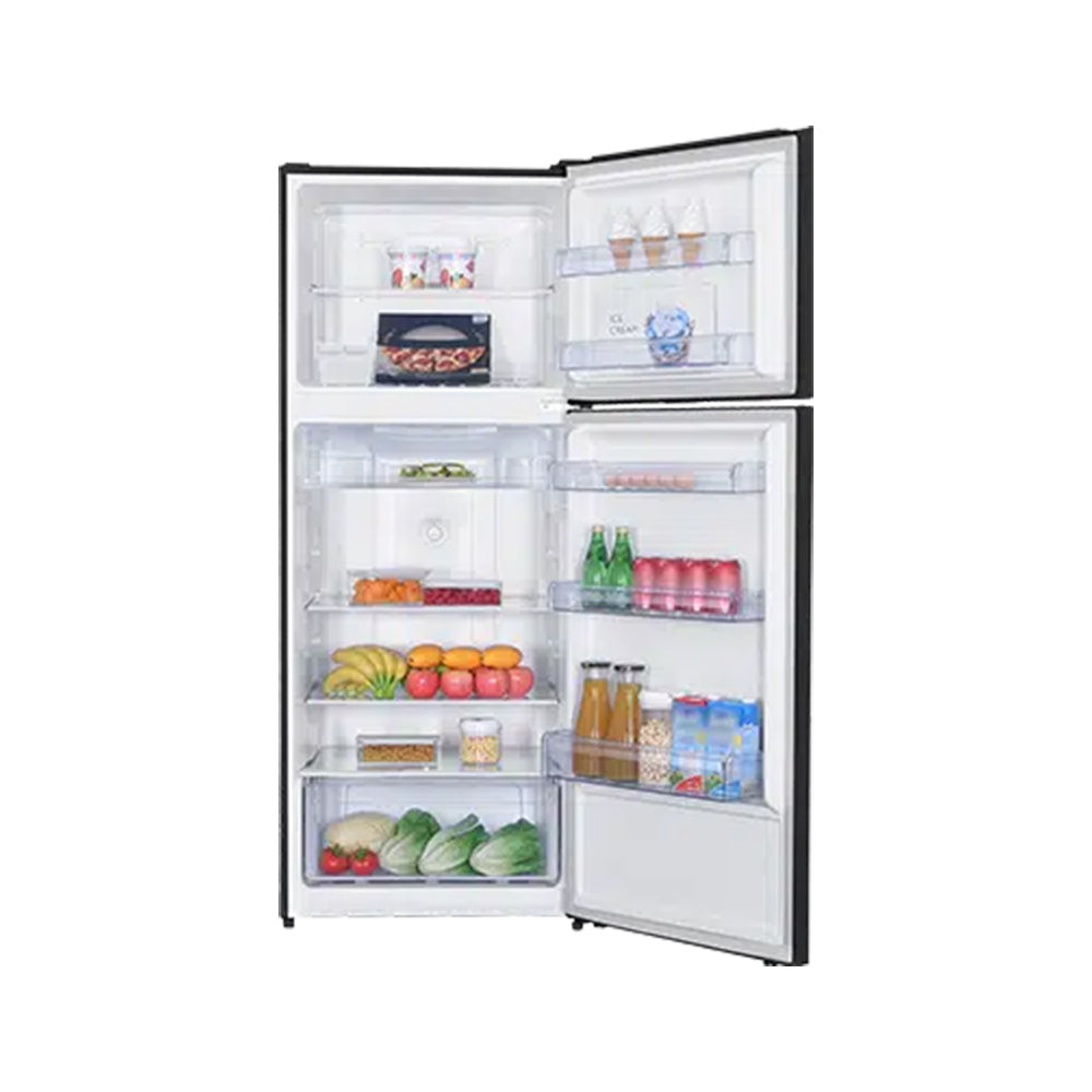 TCL 415L Top Mount Fridge Black P454TMB, Front view with doors open, full of food items, and bottles