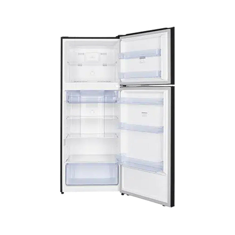 TCL 415L Top Mount Fridge Black P454TMB,  Front view with doors open