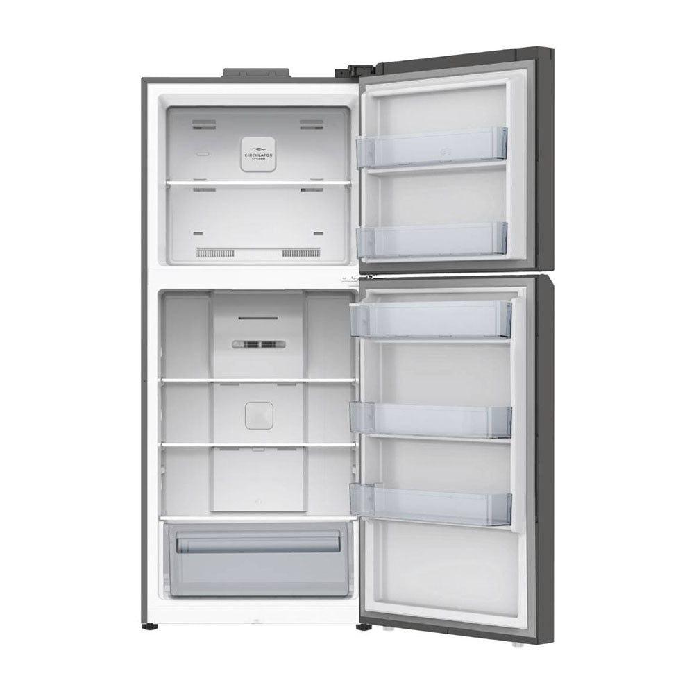 TCL P491TMS 420L Top Mount Fridge Silver, Front view with doors open