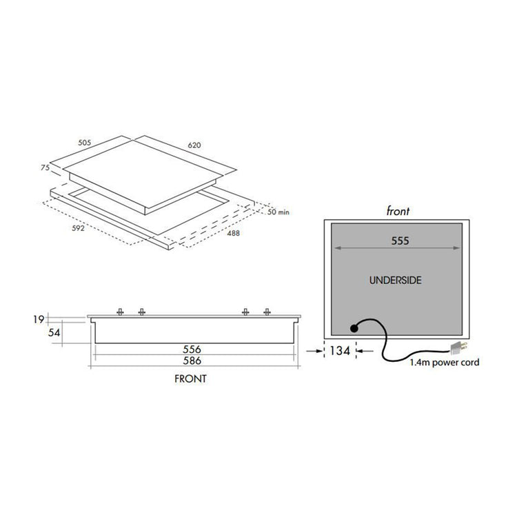 Smeg 60cm Gas Cooktop Stainless Steel PGA64, Dimensions