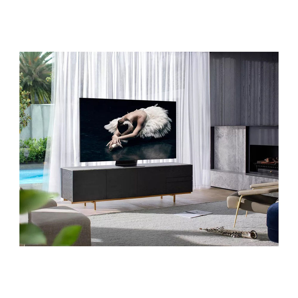 Samsung QA65Q800TAWXXY Q80 Series 65 Inch 8K QLED Smart TV, Front right view on a cabinet