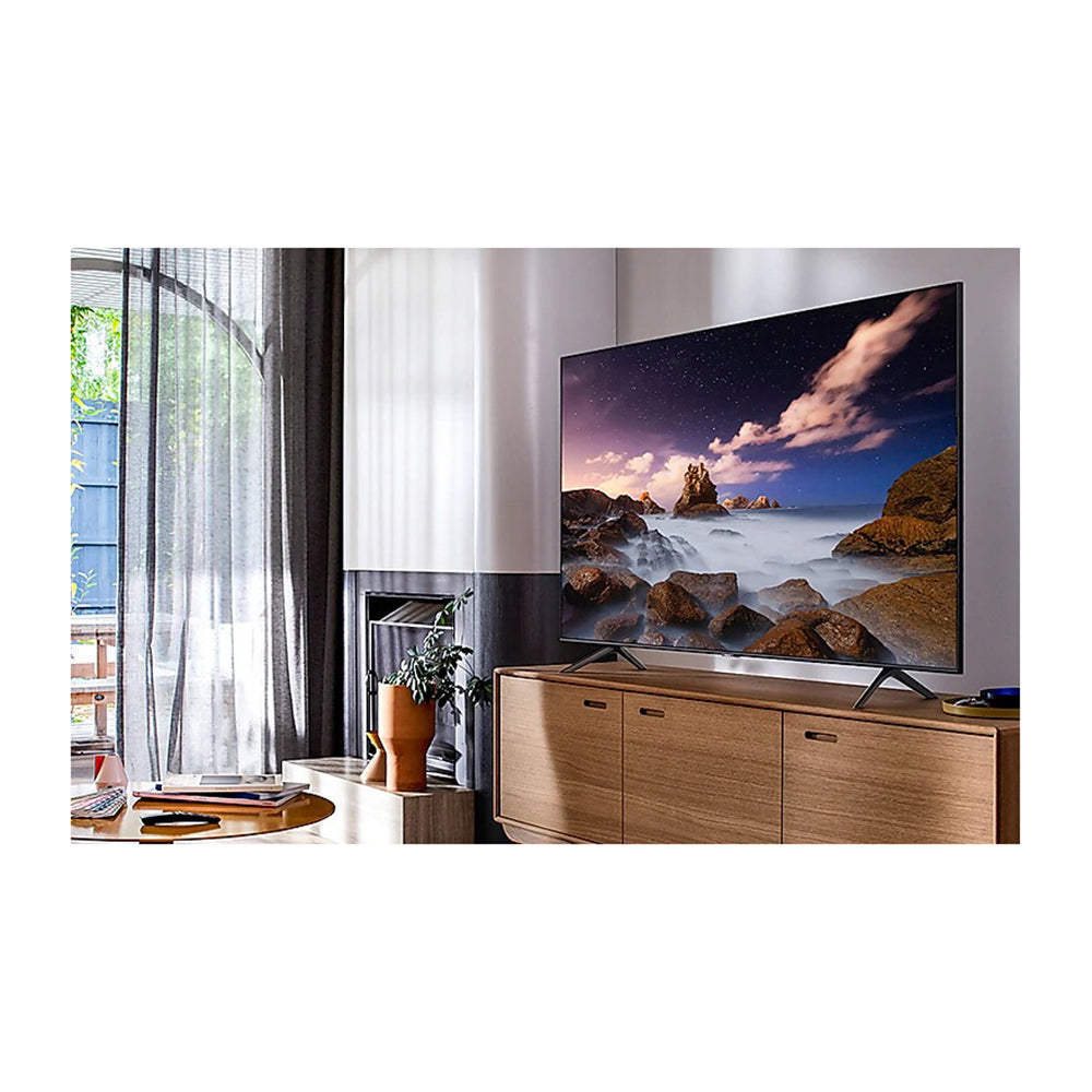 Samsung QA75Q60TAWXXY 75 Inch 4K QLED Smart TV, Front view on a cabinet