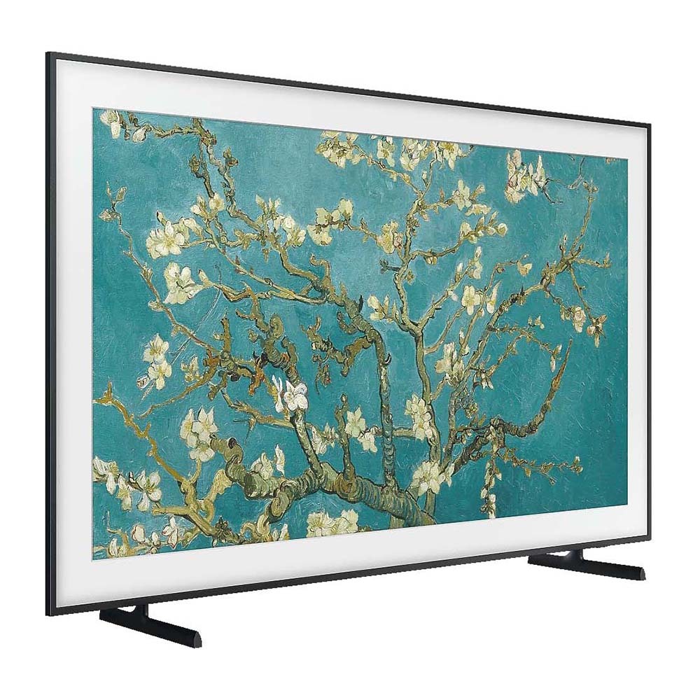 Samsung QA85LS03BAWXXY 85 Inch The Frame QLED 4K Smart TV, Front right view with pedestal feet