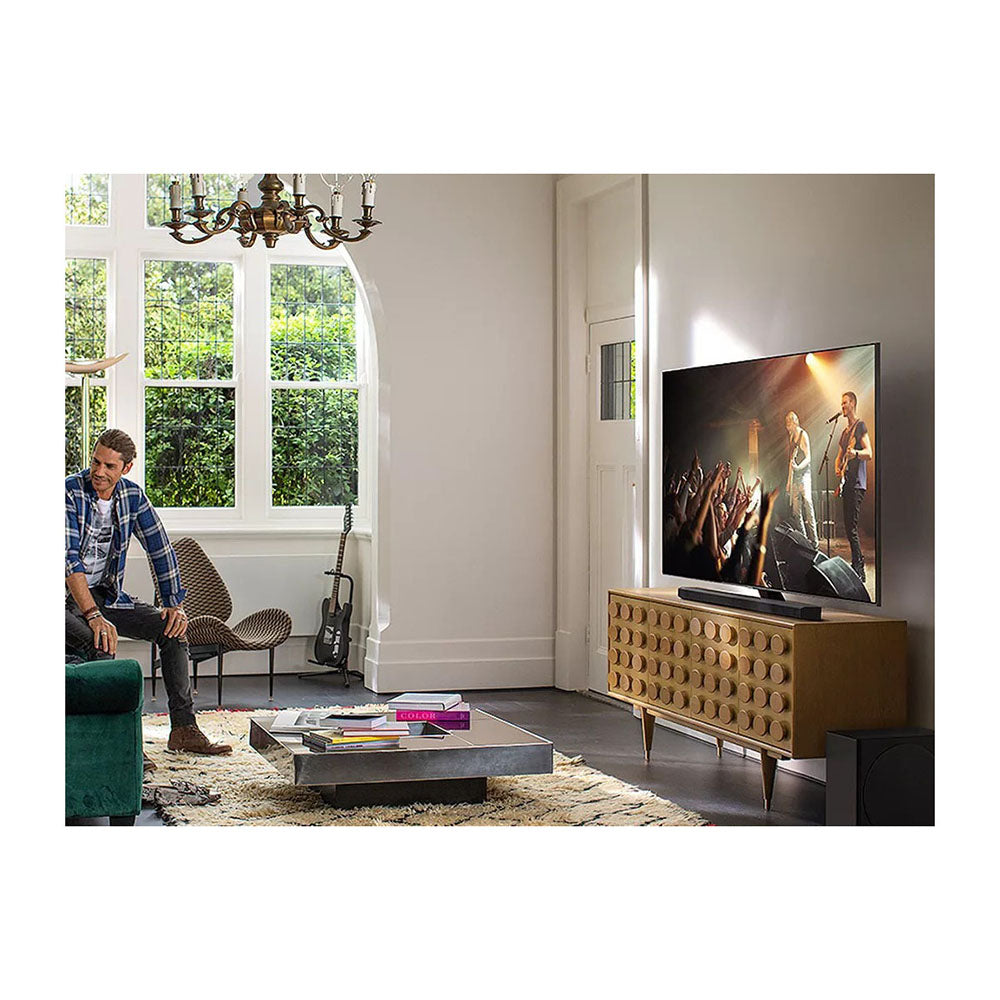 Samsung QA85Q80TAWXXY Q80 Series 85 Inch 4K QLED Smart TV, Front view on a cabinet