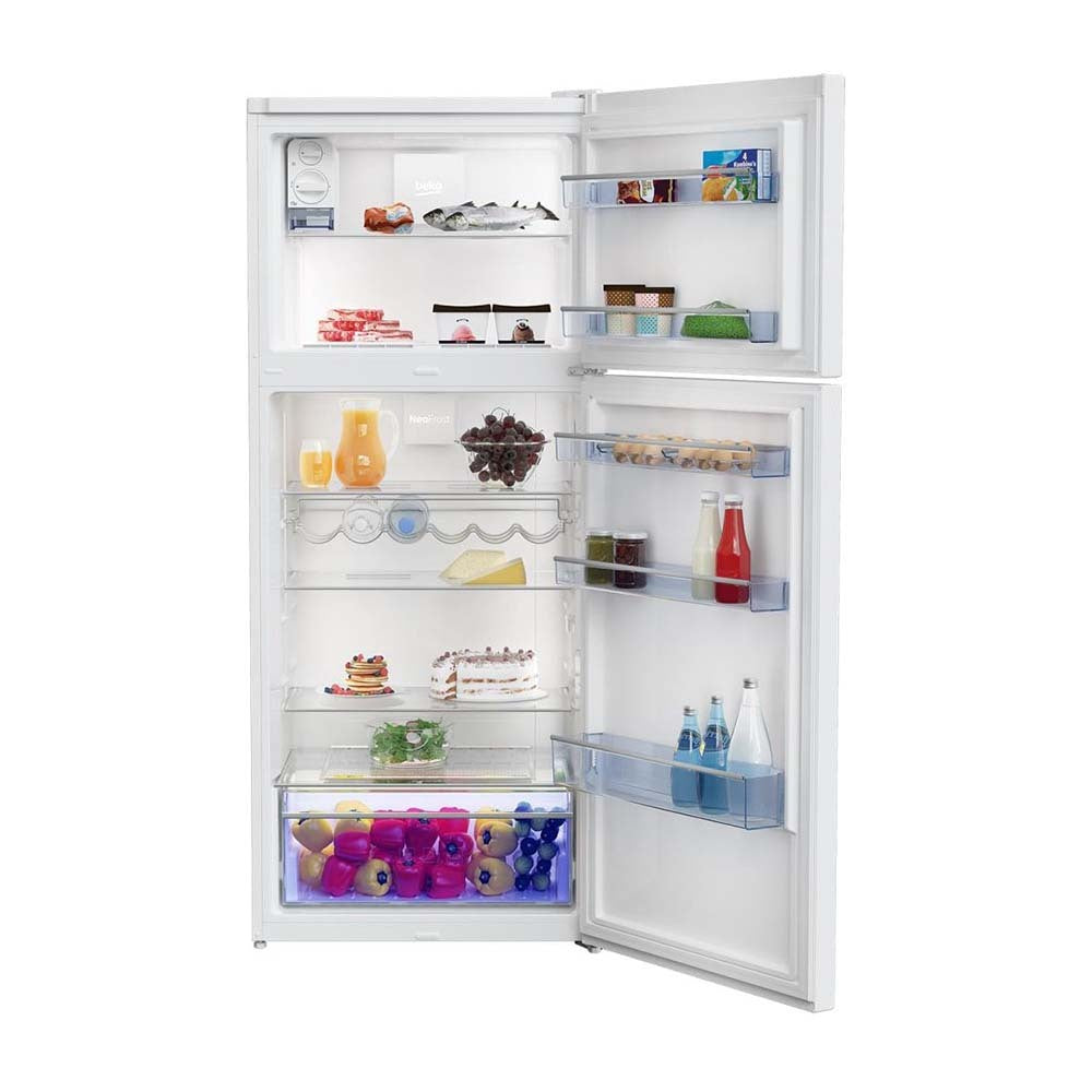 Beko RDNE400K30ZW 400L Top Mount Fridge White, Front view with open doors, full of food items, and bottles