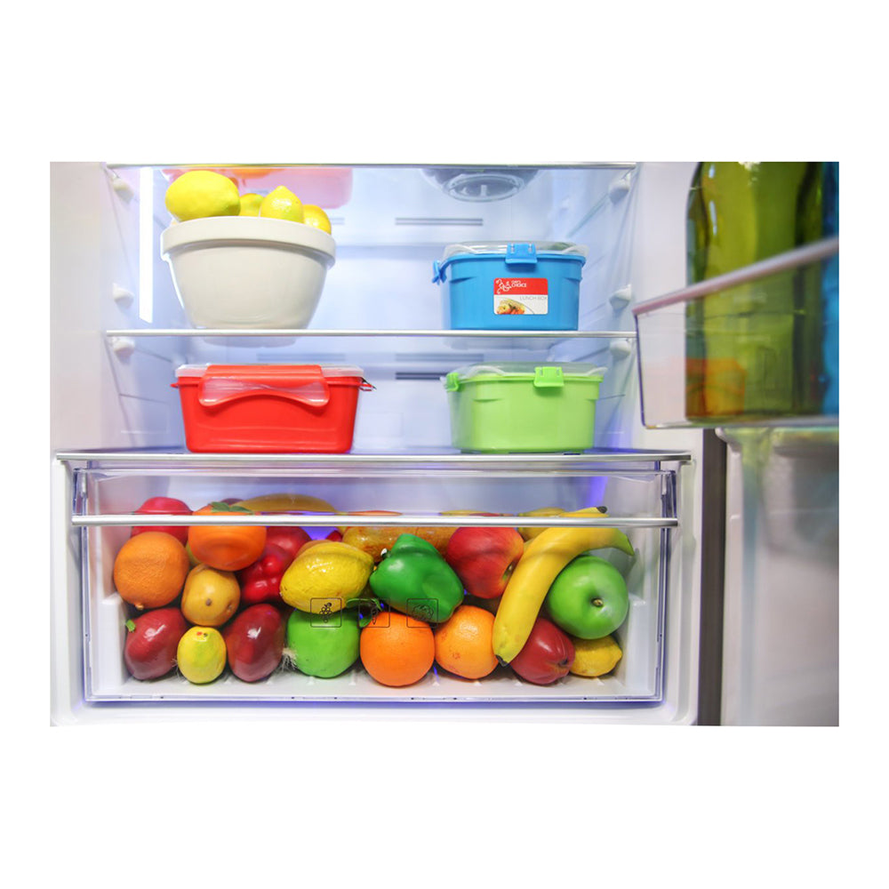 Beko RDNE400K30ZX 400L Top Mount Fridge Silver, Glass shelf and vegetable crisper drawer view, full of vegetables and fruits