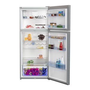 Beko RDNE400K30ZX 400L Top Mount Fridge Silver, Front view with open doors, full of food items, and bottles