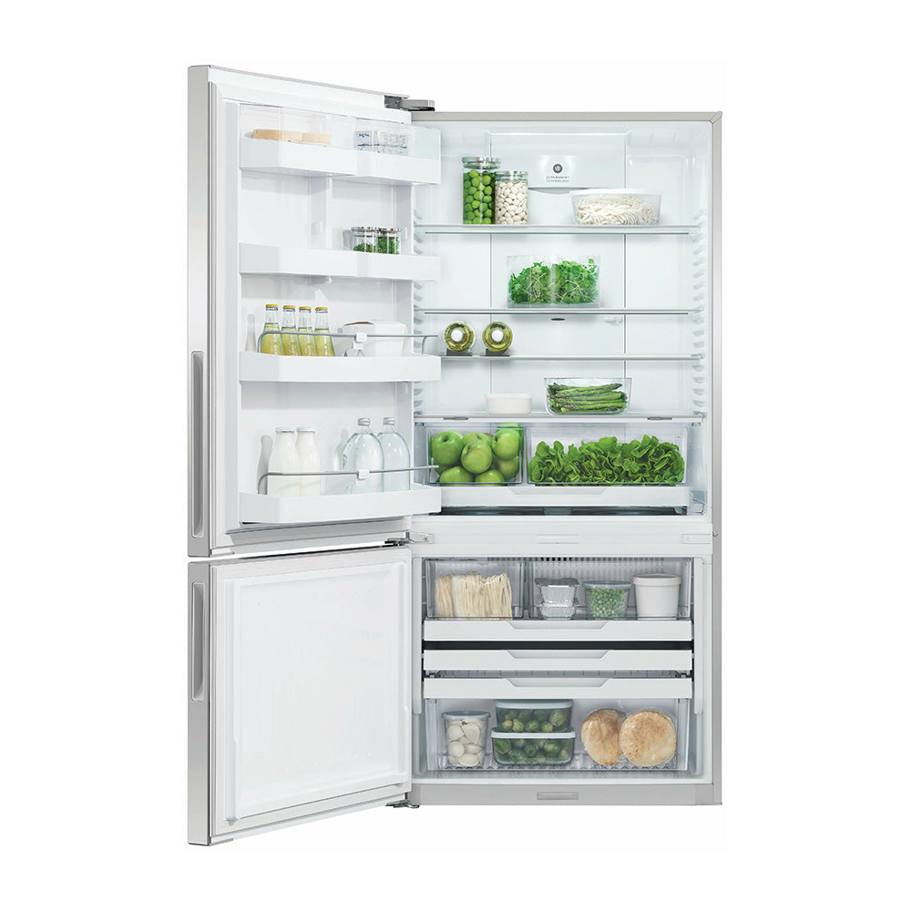 Fisher & Paykel 494L ActiveSmart Bottom Mount Fridge RF522BLPX6, Front view with door open filled with groceries, food and drinks 