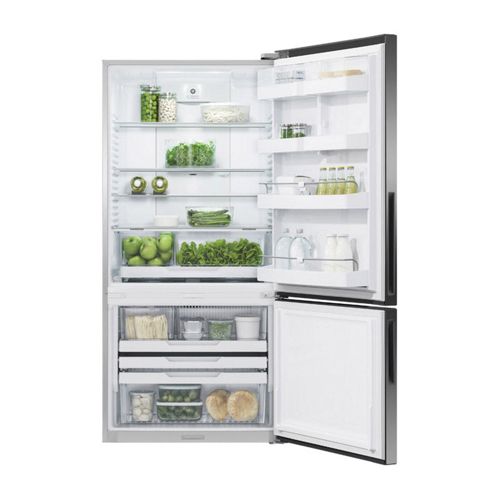 Fisher & Paykel 494L Bottom Mount Fridge RF522BRPB6, Front view with door open  filled with groceries and drinks 