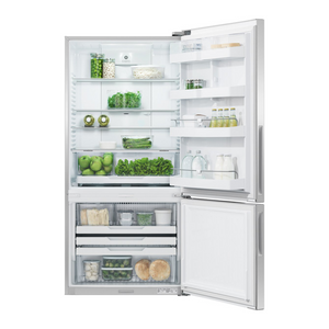 Fisher & Paykel RF522BRPX6 494L Bottom Mount Fridge, Front view with door open filled with groceries, food and drinks 