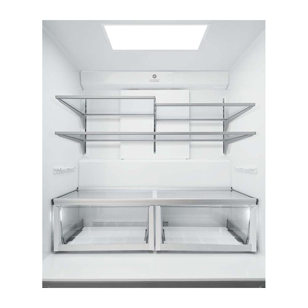 Fisher & Paykel 538L Quad Door Fridge Stainless Steel RF605QDUVX2, Glass shelf and vegetable crisper drawer view