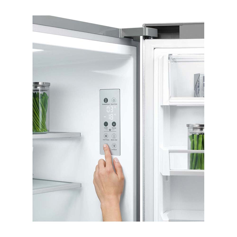 Fisher & Paykel 538L Quad Door Fridge Stainless Steel RF605QDUVX2, Temperature panel perspective view with finger