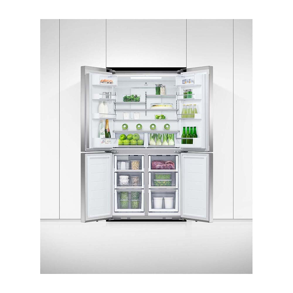 Fisher & Paykel 538L Quad Door Fridge Stainless Steel RF605QDUVX2, Front view with doors open, full of food items, and bottles