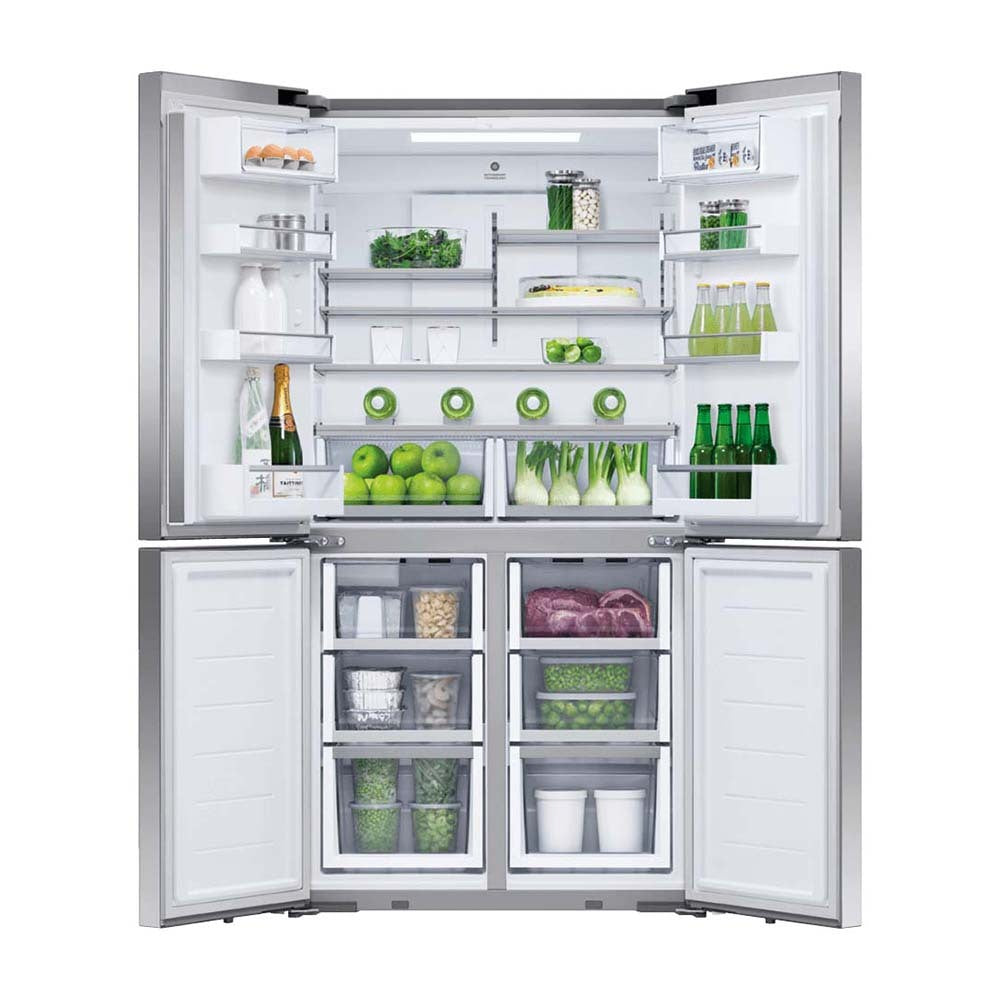 Fisher & Paykel 538L Quad Door Fridge Stainless Steel RF605QDUVX2, Front view with doors open, full of food items, and bottles