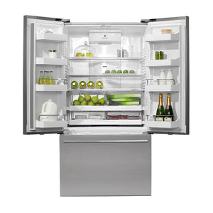 Fisher & Paykel 569L French Door Fridge RF610ADUSX5, Top open, full of food items and bottles