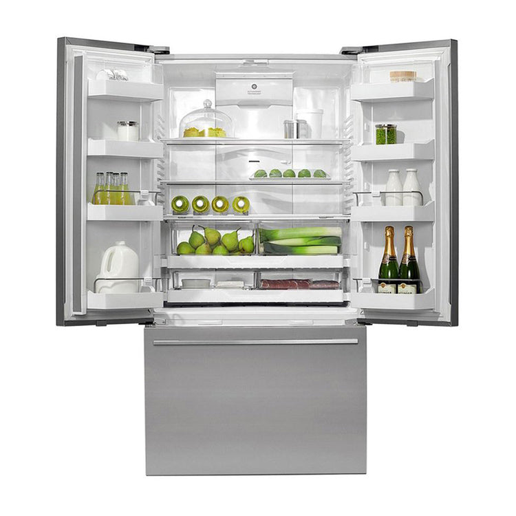 Fisher & Paykel 569L French Door Fridge RF610ADUSX5, Top open, full of food items and bottles