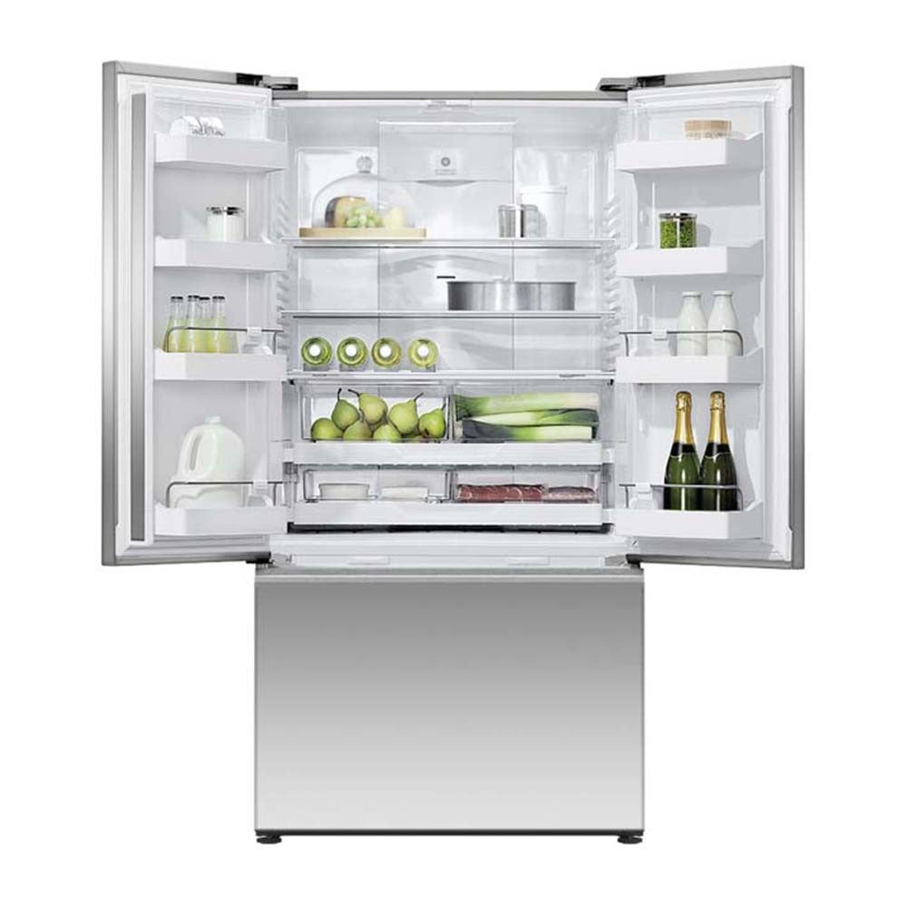 Fisher & Paykel 569L French Door Fridge Stainless Steel RF610ANUX5, Front view with top doors open filled with groceries and bottles