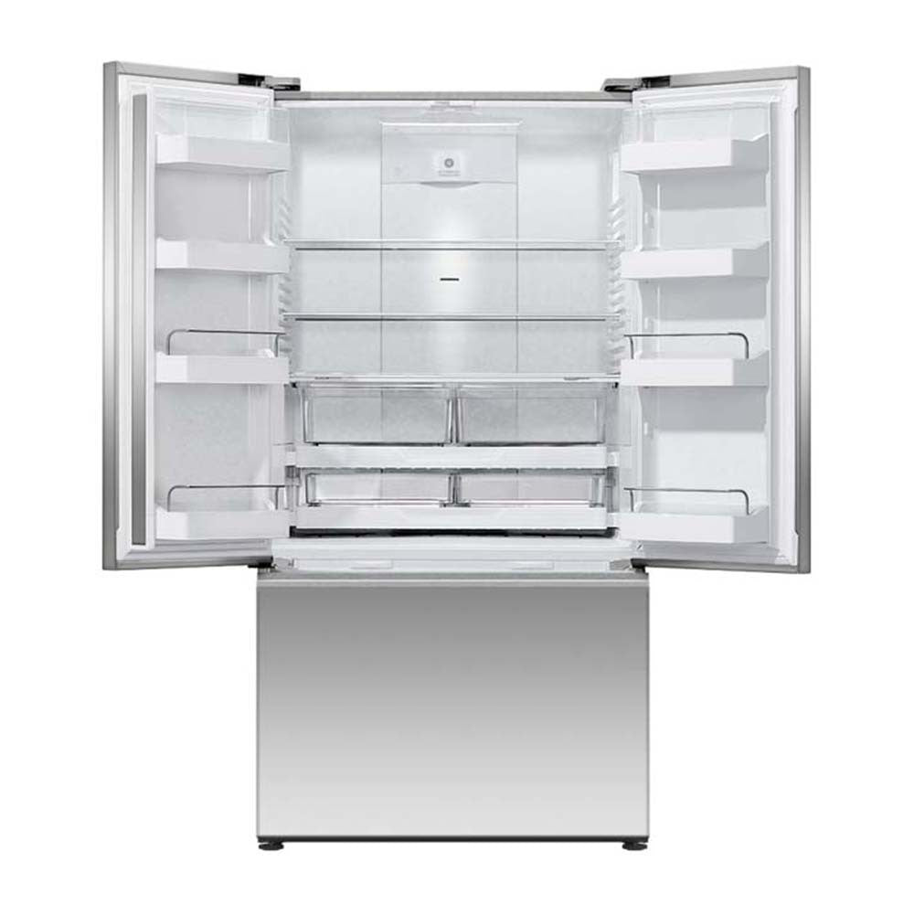 Fisher & Paykel 569L French Door Fridge Stainless Steel RF610ANUX5, Front view with top doors open