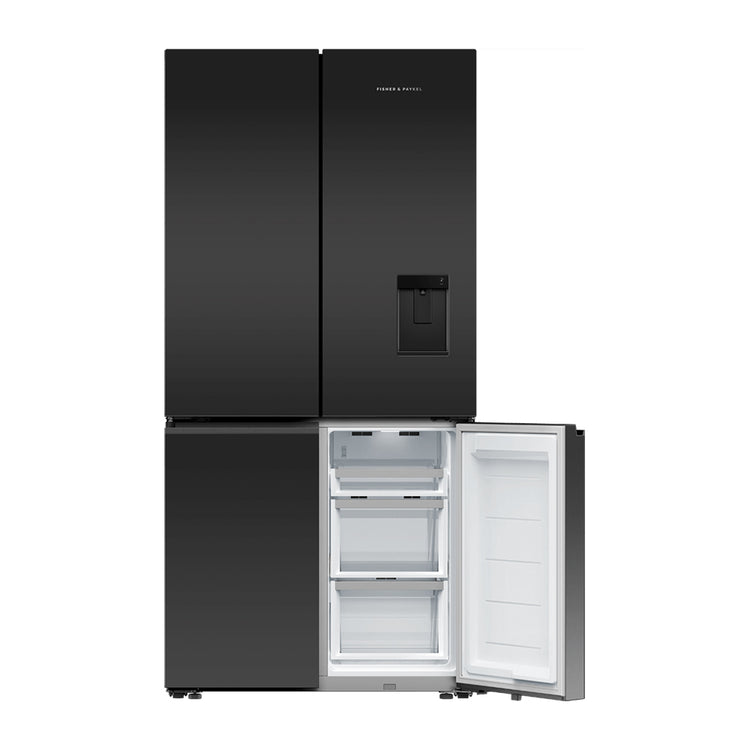 Fisher & Paykel 690L Quad Door Fridge Black Steel RF730QZUVB1 , Front view with bottom single door open