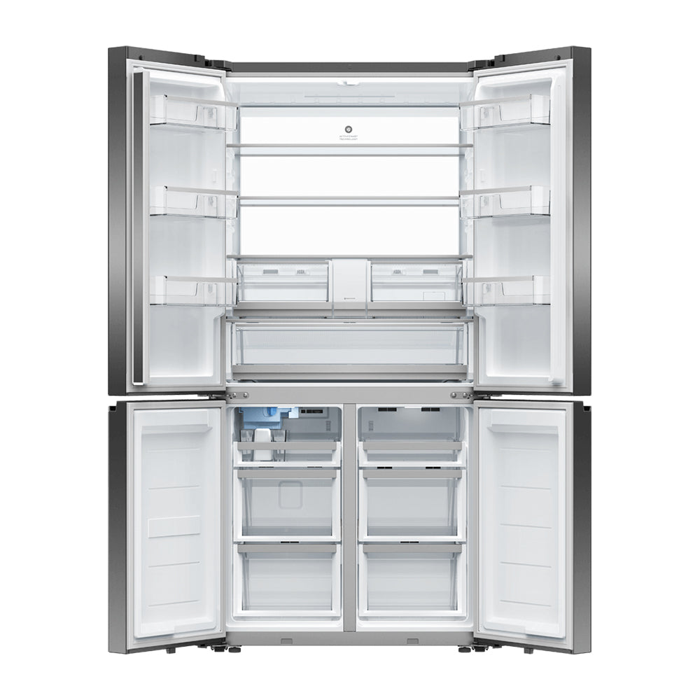 Fisher & Paykel 690L Quad Door Fridge Black Steel RF730QZUVB1, Front view with all doors open