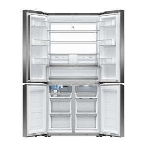 Fisher & Paykel 690L Quad Door Fridge Black Steel RF730QZUVB1, Front view with all doors open