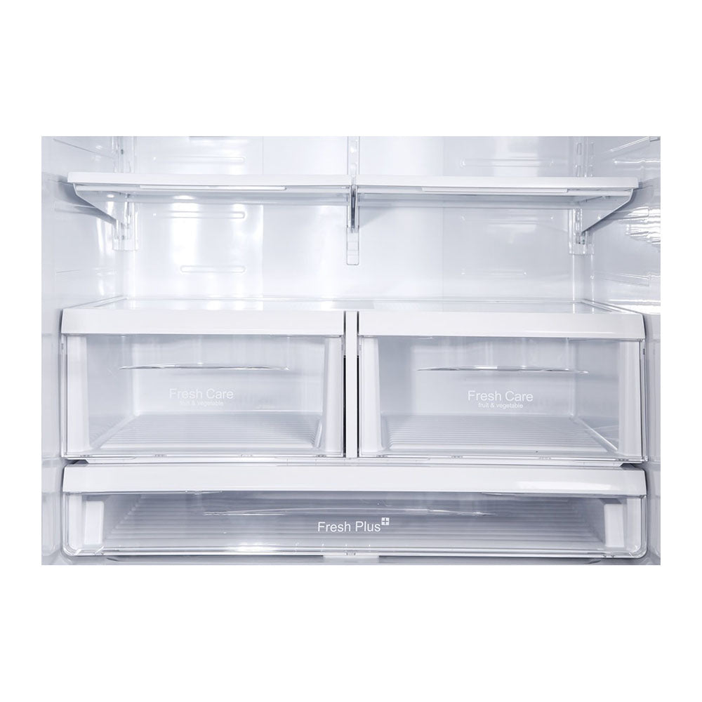 Smeg 762L French Door Fridge Stainless Steel SF640S1, Glass shelf and vegetable crisper drawer view