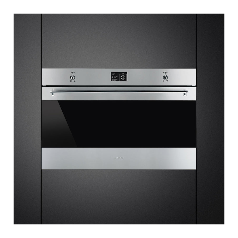 Smeg 90cm Classic Thermoseal Pyrolytic Oven SFP9395X1, Front view in a cabinet