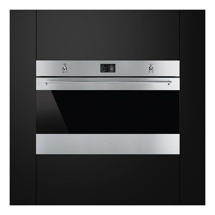 Smeg 90cm Classic Thermoseal Pyrolytic Oven SFP9395X1, Front view in a cabinet