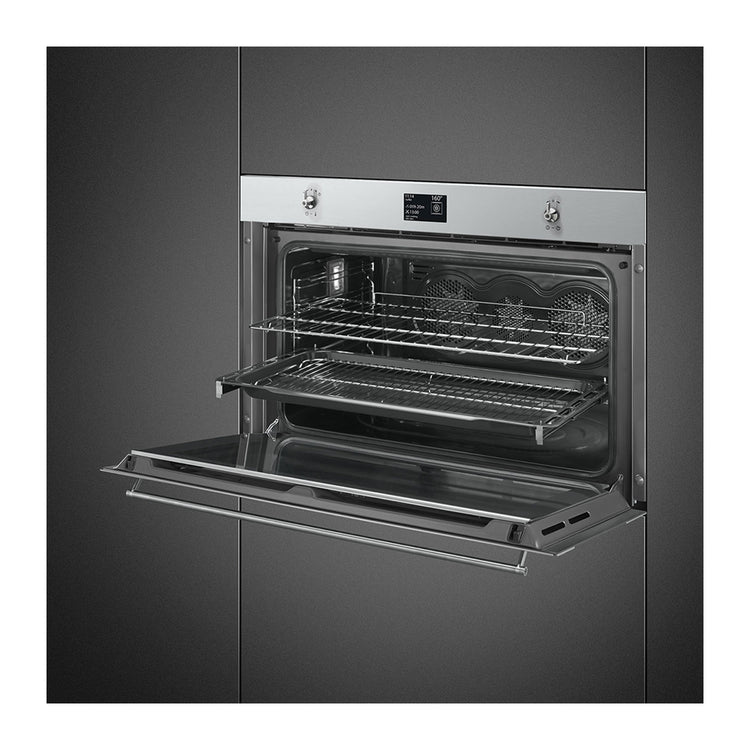 Smeg 90cm Classic Thermoseal Pyrolytic Oven SFP9395X1, Front left view with door open