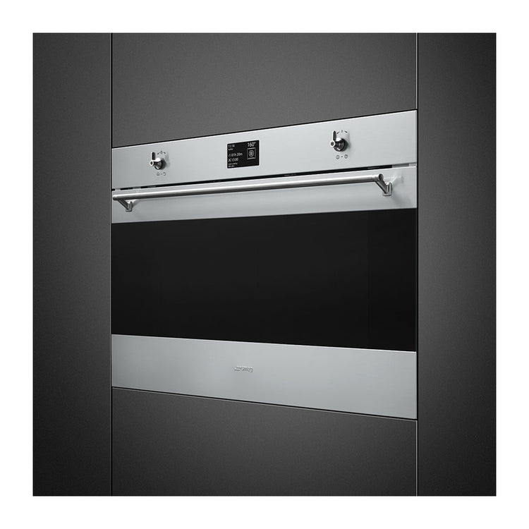 Smeg 90cm Classic Thermoseal Pyrolytic Oven SFP9395X1, Front left view