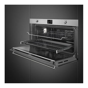 Smeg 100L Electric Built-In Oven Stainless Steel SFPR9395X, Front left view with open door