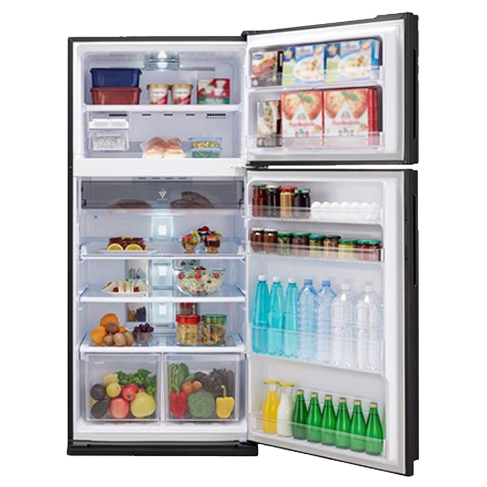 Sharp SJXP580GBK 581L Top Mount Fridge Black, Front view with open doors, full of food items, and bottles