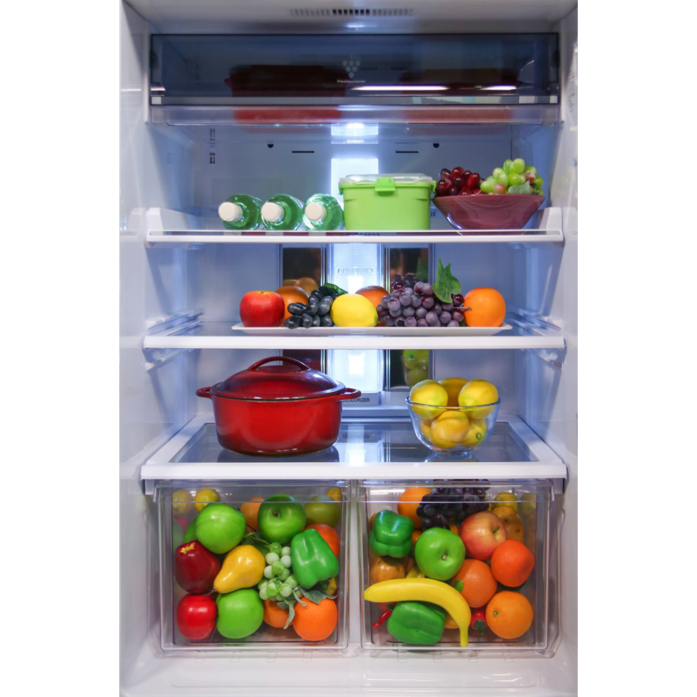 Sharp SJXP580GBK 581L Top Mount Fridge Black, Glass shelf and vegetable crisper drawer view, full of vegetables and fruits