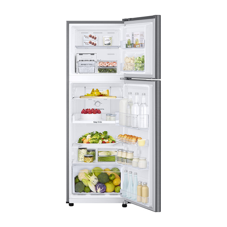 Samsung SR270MLS 256L Top Mount Fridge, Front view with open doors, full of food items, and bottles