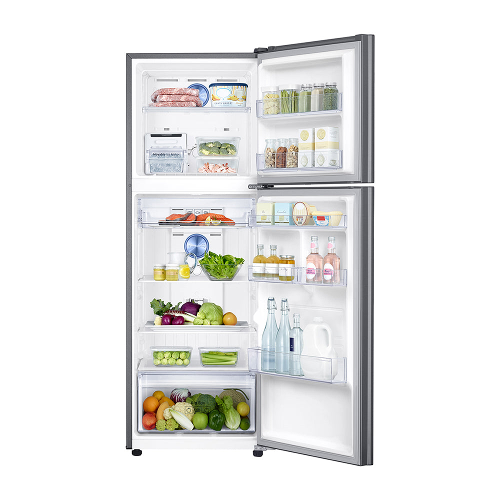 Samsung SR343LSTC 320L Steel Top Mount Refrigerator, Front view with open doors, full of food items, and bottles