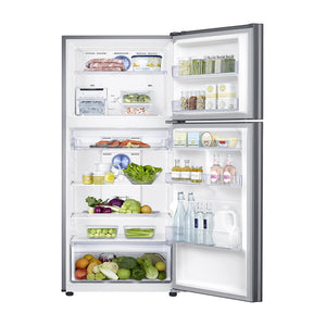 Samsung 364L Top Mount Fridge Stainless Steel SR400LSTC, Front view with doors open, full of food items, and bottles