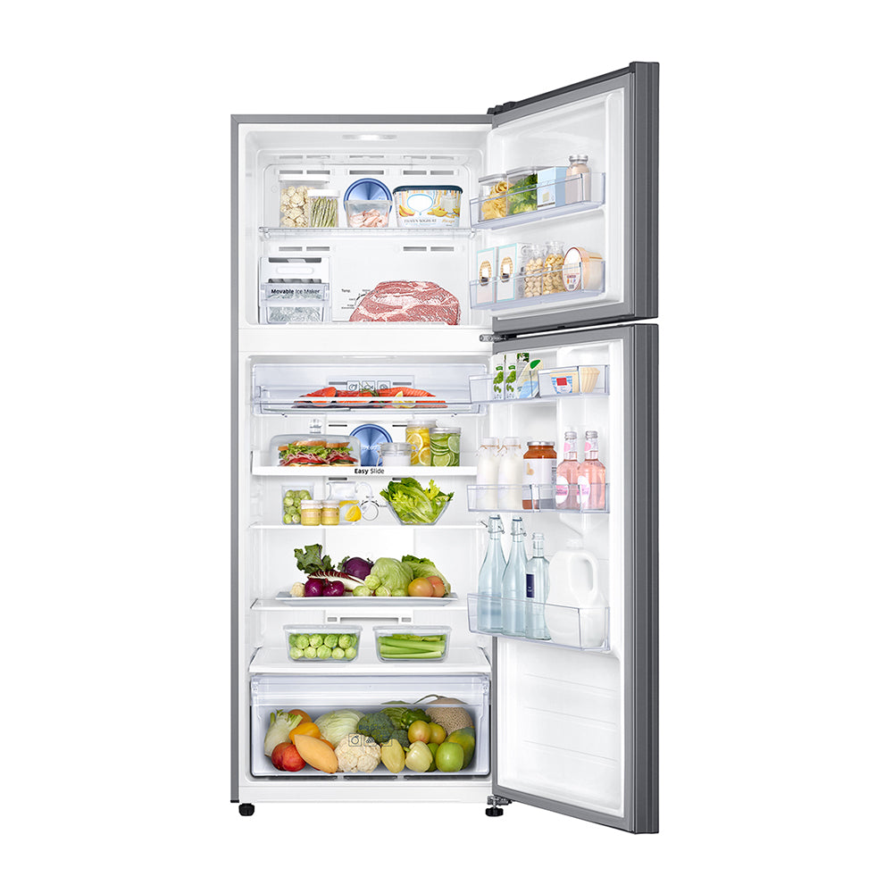 Samsung 471L Top Mount Fridge Stainless Steel SR471LSTC, Front view with doors open, full of food items, and bottles