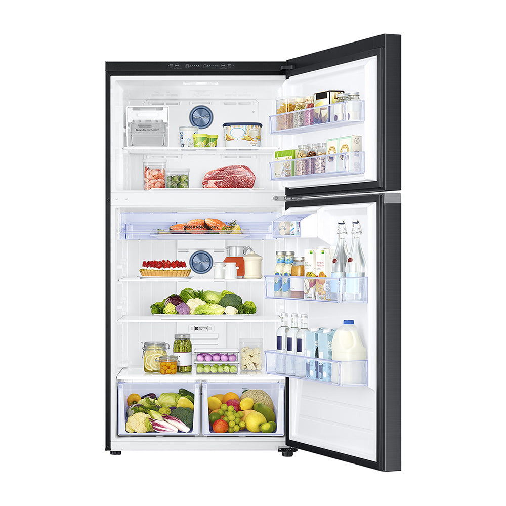 Samsung SR625BLSTC 599L Top Mount Refrigerator, Front view with open doors, full of food items, and bottles