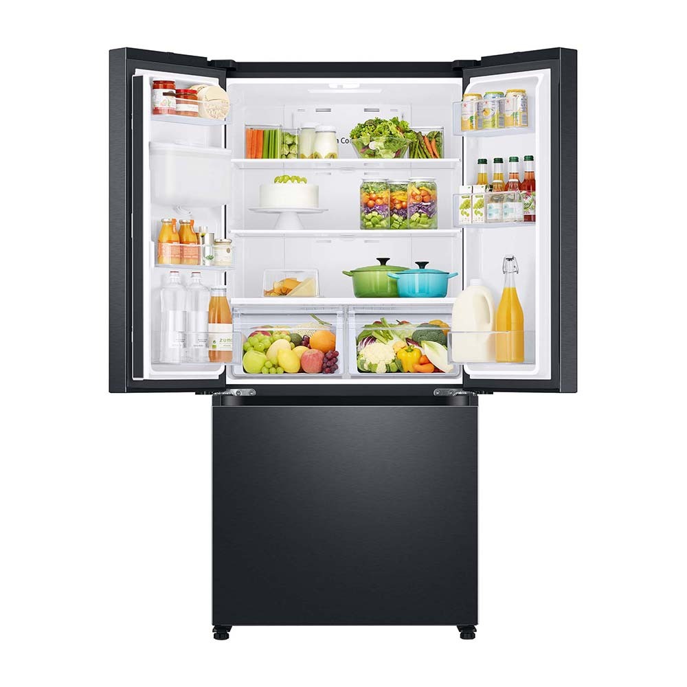 Samsung 495L French Door Fridge SRF5300BD, Top open, full of food items and bottles