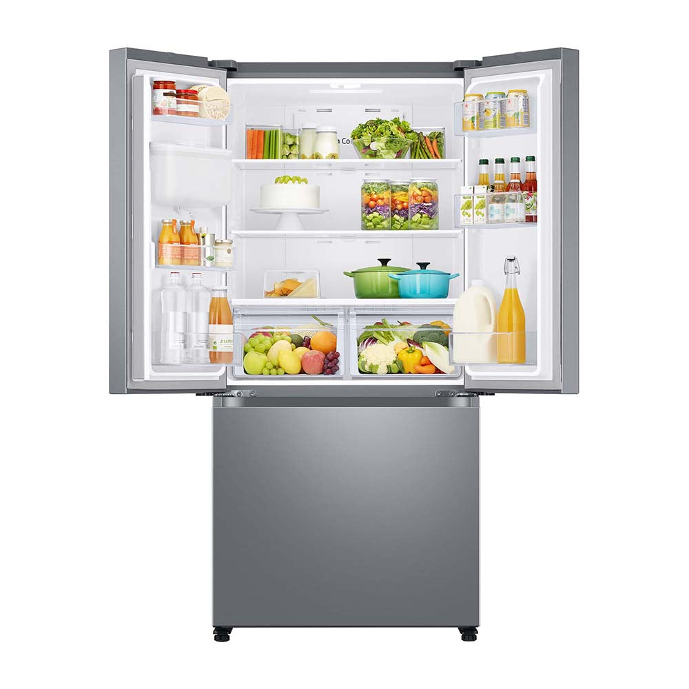 Samsung 498L French Door Frost Free Fridge SRF5300SD, Top open, full of food items, and bottles