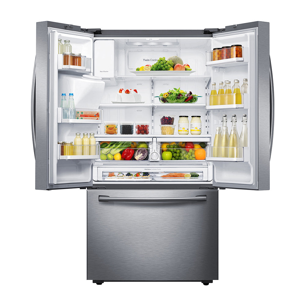 Samsung 653L French Door Fridge SRF653CDLS, Top open, full of food items, and bottles