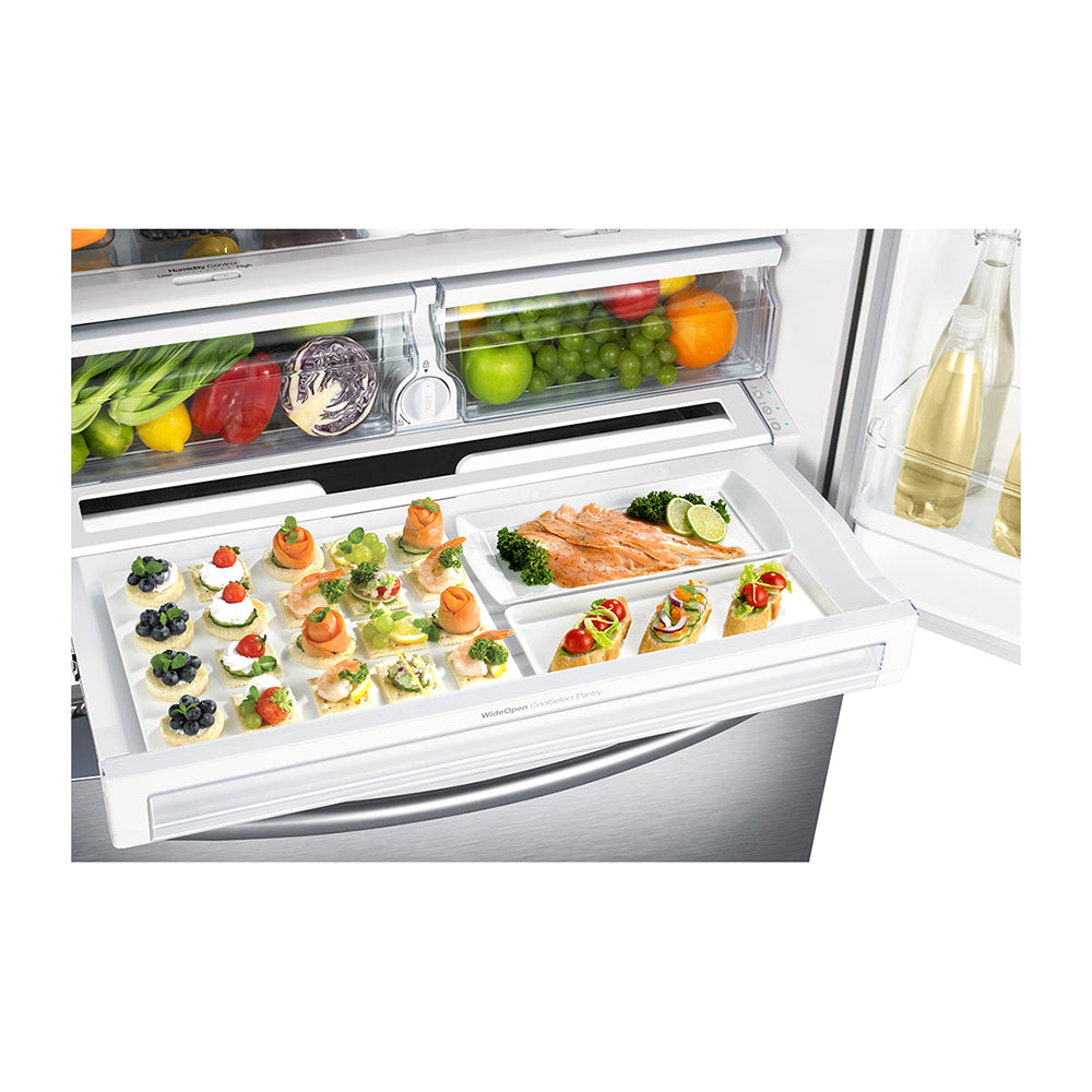 Samsung 653L French Door Fridge SRF653CDLS, Bottom open with food items