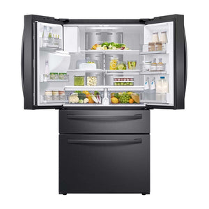 Samsung 662L French Door Fridge SRF662BFH4, Top open, full of food items, and bottles